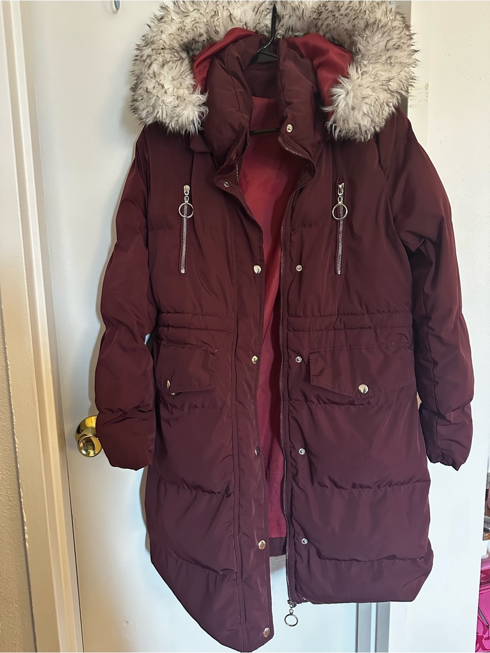 Hooded Puffer Coat with Faux Fur Trim